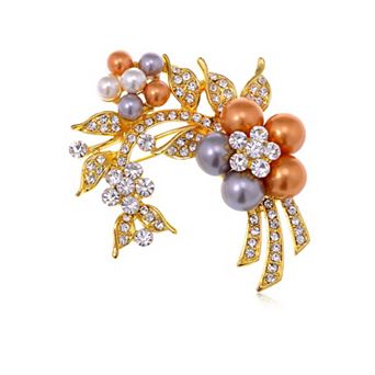 Womens Yellow Golden Tone Clear Rhinestones Faux Pearls Floral Flower Brooch Pin