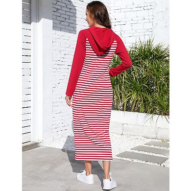 Women's Hooded Sweatshirt Dress Striped Dress with Side Slit Loose Pullover Dresses