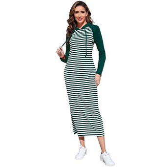 Women's Hooded Sweatshirt Dress Striped Dress with Side Slit Loose Pullover Dresses