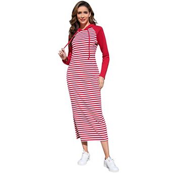 Women's Hooded Sweatshirt Dress Striped Dress with Side Slit Loose Pullover Dresses