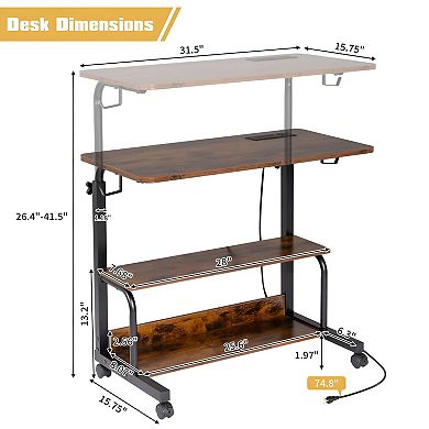 Compact Rolling Laptop Desk Metal Frame with Shelves for Home or Office