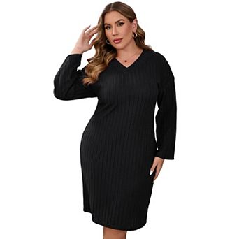 Women's V Neck Long Sleeve Plus Size Sweater Dress Drop Shoulder Ribbed Knit Midi Dresses