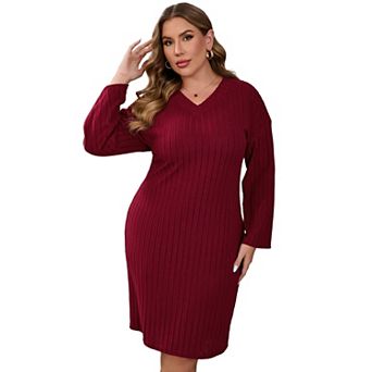 Women's V Neck Long Sleeve Plus Size Sweater Dress Drop Shoulder Ribbed Knit Midi Dresses
