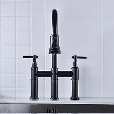 Kitchen Faucet with Pull Out Sprayer, Bridge Style, Dual Handle, Stream and Spray Modes