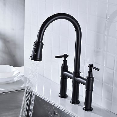 Kitchen Faucet with Pull Out Sprayer, Bridge Style, Dual Handle, Stream and Spray Modes