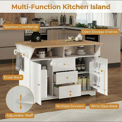 Rolling Kitchen Island with Power Outlet, Spice Rack and 2 Drop Leaf