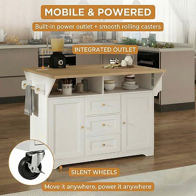 Rolling Kitchen Island with Power Outlet, Spice Rack and 2 Drop Leaf