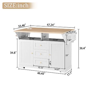 Rolling Kitchen Island with Power Outlet, Spice Rack and 2 Drop Leaf