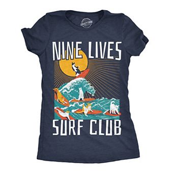 Womens Nine Lives Surf Club Funny T Shirt Cat Graphic Tee for Ladies