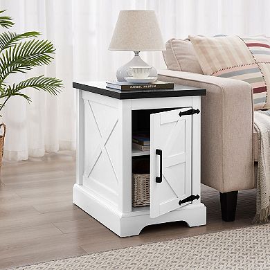 Barn Door End Table with Storage Cabinet for Living Room or Bedroom