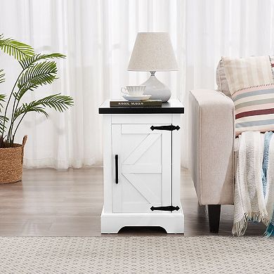 Barn Door End Table with Storage Cabinet for Living Room or Bedroom