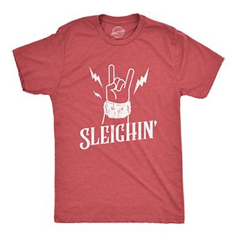 Mens Sleighin T Shirt Funny Santa Claus Christmas Rock and Roll Metal Fingers Graphic Tee