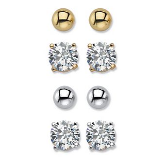8 ct w. Round White CZ & Ball Goldtone & Silvertone 4-Pair Stud Earring Set