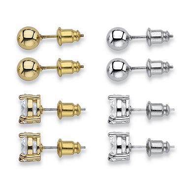 8 Cttw. Round White CZ & Ball Goldtone & Silvertone 4-Pair Stud Earring Set