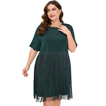 Women's Plus Size Short Sleeve Crew Neck T-Shirt Dress, Fringe Hem Casual Midi Dress