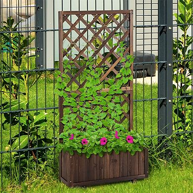 Outdoor Wood-Plastic Raised Planter with Trellis for Flowers and Vegetables