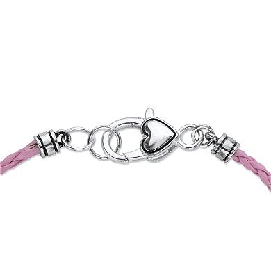 Pink Crystal Silvertone Bali-Style Braided Pink Cord Beaded Charm Bracelet 7.5"