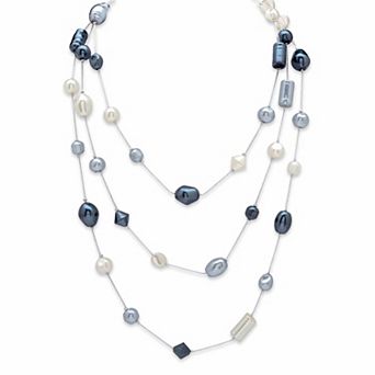 Simulated White Silver and Black Pearl Silvertone Beaded Necklace 60"