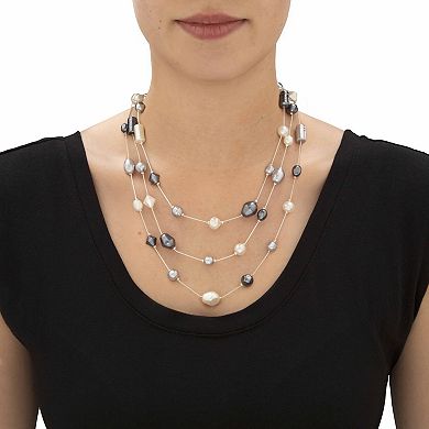 Simulated White Silver and Black Pearl Silvertone Beaded Necklace 60"