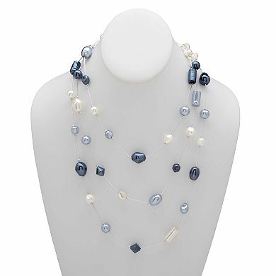 Simulated White Silver and Black Pearl Silvertone Beaded Necklace 60"