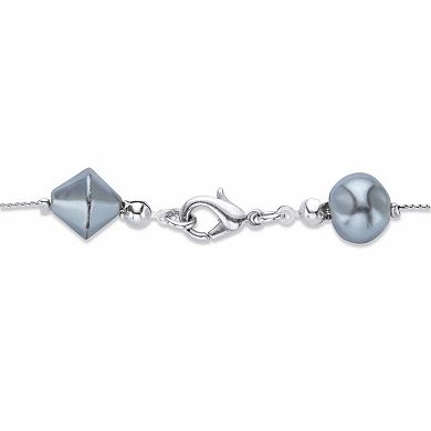 Simulated White Silver and Black Pearl Silvertone Beaded Necklace 60"