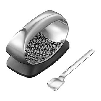 Garlic Press Rocker with 3D Cutting Blade, Ejector Base, Scraper Spoon, Non-Slip Handle