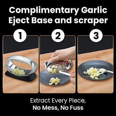 Garlic Press Rocker with 3D Cutting Blade, Ejector Base, Scraper Spoon, Non-Slip Handle