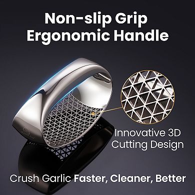 Garlic Press Rocker with 3D Cutting Blade, Ejector Base, Scraper Spoon, Non-Slip Handle