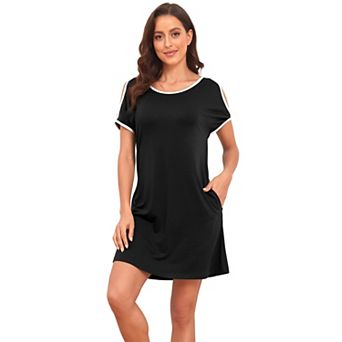 Women's Short Sleeve Off Shoulder Crew Neck Midi Dress with Pockets