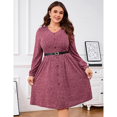 Women's Plus Size V Neck Long Sleeve Button Knee Length Dress with Belt