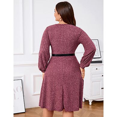 Women's Plus Size V Neck Long Sleeve Button Knee Length Dress with Belt