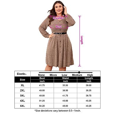 Women's Plus Size V Neck Long Sleeve Button Knee Length Dress with Belt