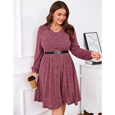 Women's Plus Size V Neck Long Sleeve Button Knee Length Dress with Belt