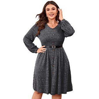 Women's Plus Size V Neck Long Sleeve Button Knee Length Dress with Belt
