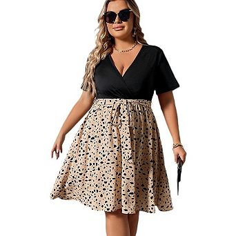 Women's Plus Size Short Sleeve V Neck Wrap Dress Tie Waist A Line Dress