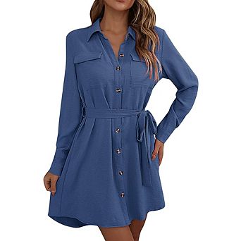 Women's Long Sleeve Button Front Belted Shirt Dress with Pockets
