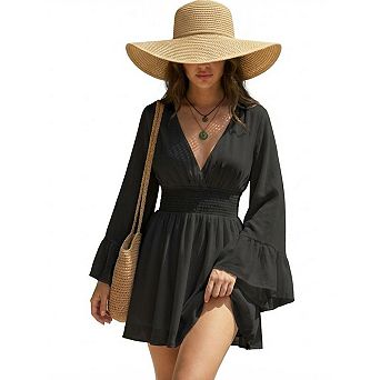 Women's Casual V Neck Long Sleeve Mini Dress Smocked Waist Flowy A-Line Dress