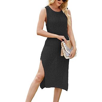 Women's Sleeveless Crew Neck Knit Midi Dress Casual Side Split Bodycon Tank Dress