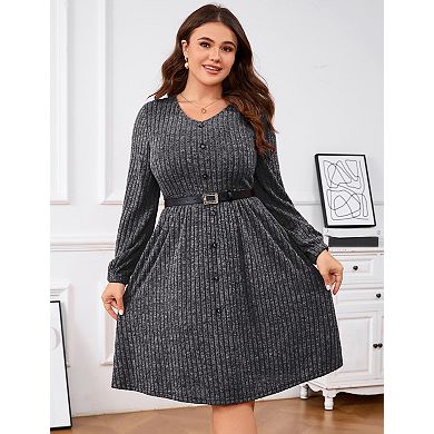 Women's Plus Size V Neck Long Sleeve Midi Dress with Belt