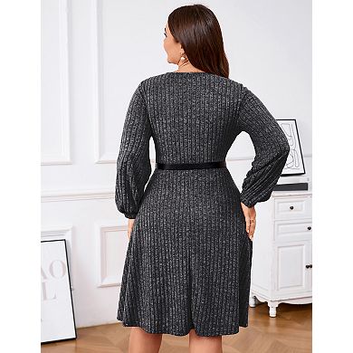 Women's Plus Size V Neck Long Sleeve Midi Dress with Belt