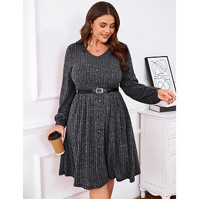 Women's Plus Size V Neck Long Sleeve Midi Dress with Belt