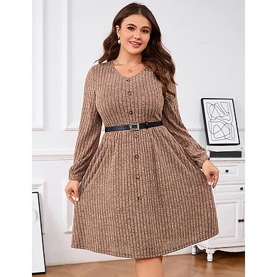 Women's Plus Size V Neck Long Sleeve Button Knee Length Midi Dress with Belt