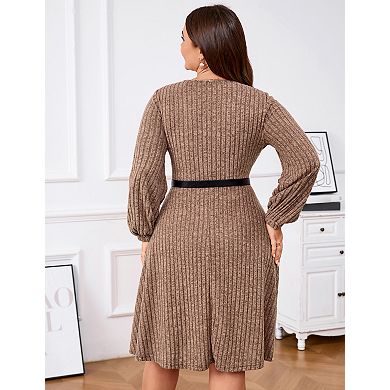 Women's Plus Size V Neck Long Sleeve Button Knee Length Midi Dress with Belt