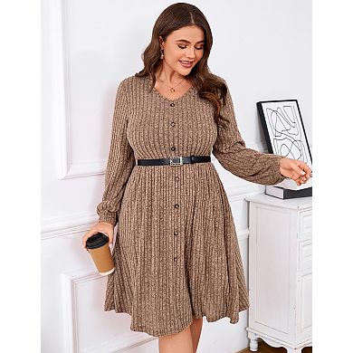 Women's Plus Size V Neck Long Sleeve Button Knee Length Midi Dress with Belt