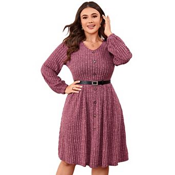 Women's Plus Size V Neck Long Sleeve Button Knee Length Midi Dress with Belt