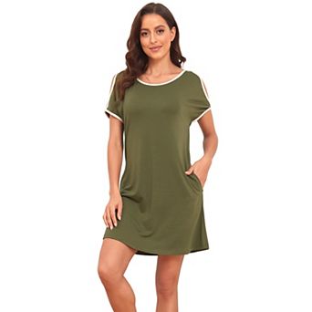 Women's Short Sleeve Off Shoulder Crew Neck Midi Dress with Pockets