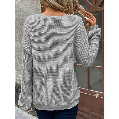 Women's Waffle Knit Long Sleeve Tops Oversized Crewneck Business Casual Basic Blouses Shirts