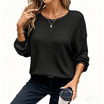 Women's Waffle Knit Long Sleeve Tops Oversized Crewneck Business Casual Basic Blouses Shirts
