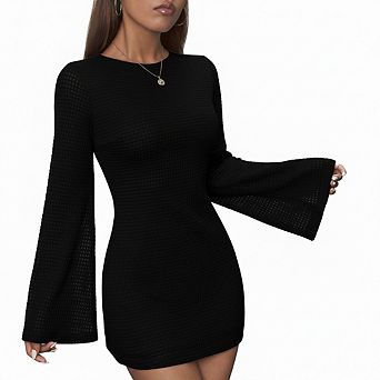 Women's Crew Neck Bodycon Mini Dress Waffle Knit Slim Fit Party Dress