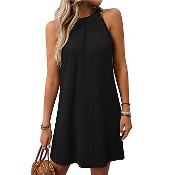 Women's Sleeveless Tunic Dress Casual Halter Neck Loose Swing Mini Dress